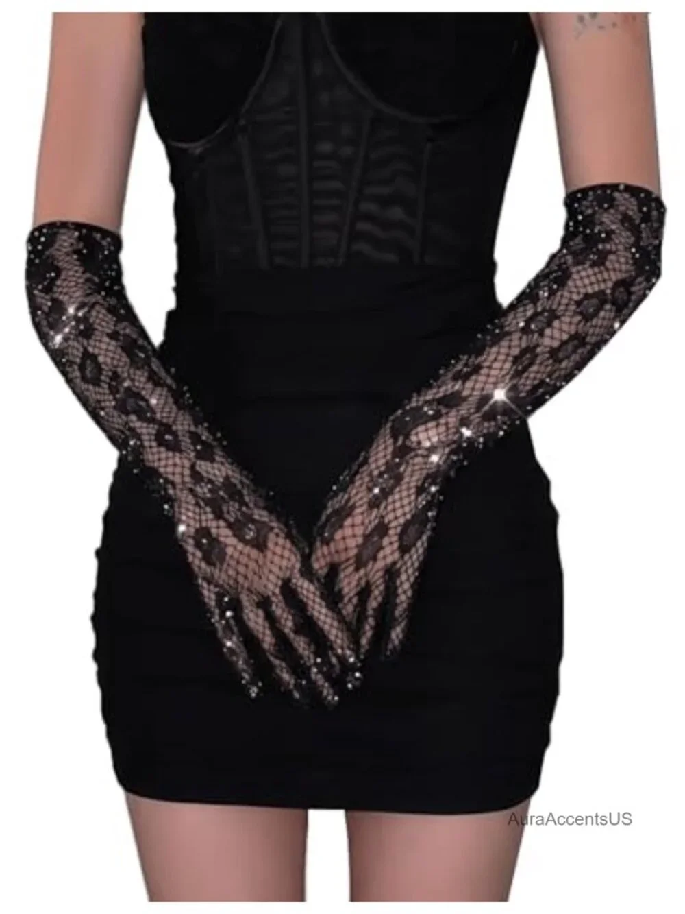 Women's Rhinestone Lace Fingerless Gloves, Long Sheer Mesh Rave Accessories,